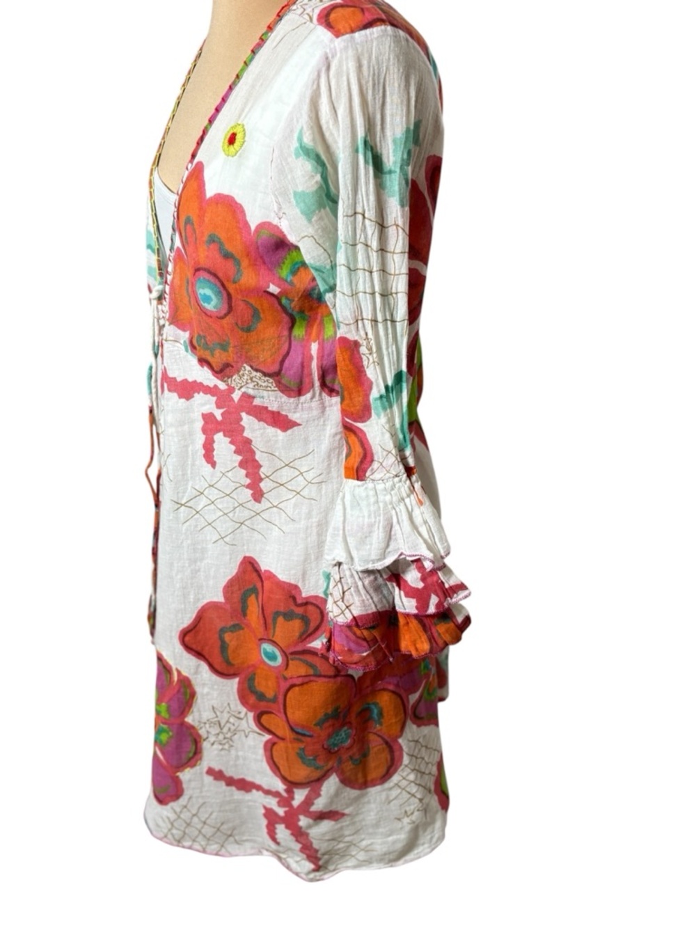 Antica Sartoria Floral Boho Tunic Top Bell Sleeve Cotton White Small - Picture 5 of 12
